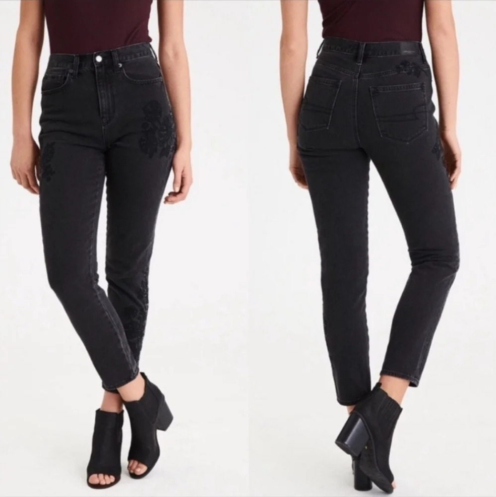 American Eagle Mom Jeans Embroidered Floral Faded black 8 - Picture 4 of 12